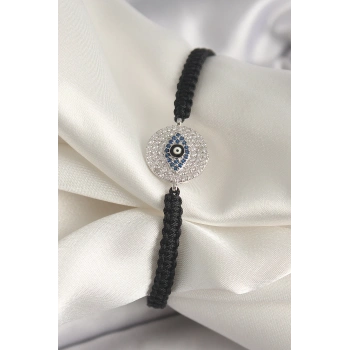 Pirinç Gümüş Renk Zirkon Taşlı Göz İşlemeli Figür Asansörlü Makrome Model Kadın Bileklik - TJ-BB6793