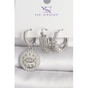 Pirinç Gümüş Renk Zirkon Taşlı Göz İşlemeli Halka Model 3Lü Kadın Kombin Küpe - TJ-BKP10436