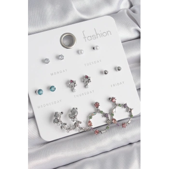 Pirinç Gümüş Renk Zirkon Taşlı Gül Figür Halka Model 7 Çift Kadın Küpe Seti - TJ-BKP10544