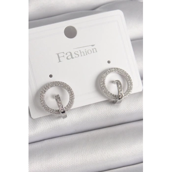 Pirinç Gümüş Renk Zirkon Taşlı Halka Model Kadın Küpe - TJ-BKP9924