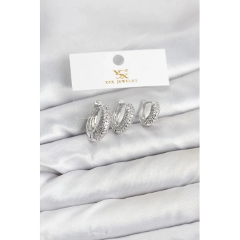 Pirinç Gümüş Renk Zirkon Taşlı Halka Model YSX Trio Küpe Seti - TJ-BKP11559