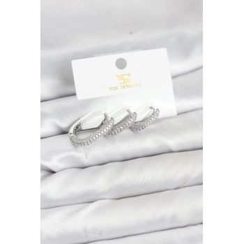 Pirinç Gümüş Renk Zirkon Taşlı Halka Model YSX Trio Küpe Seti - TJ-BKP11571