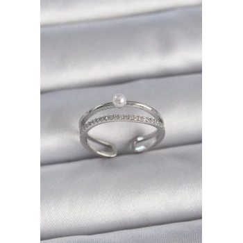 Pirinç Gümüş Renk Zirkon Taşlı İnci Detay Ayarlanabilir Model Kadın Yüzük - TJ-BYK3371