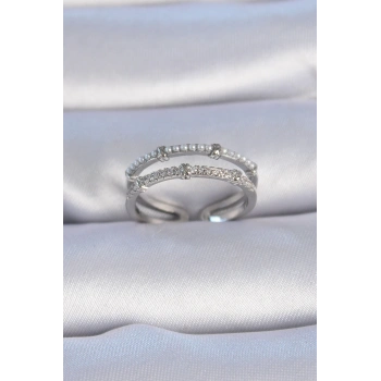 Pirinç Gümüş Renk Zirkon Taşlı İnci Detay Kadın Yüzük - TJ-BYK3337