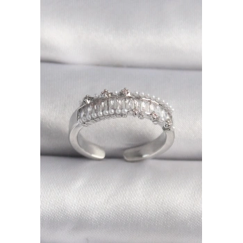 Pirinç Gümüş Renk Zirkon Taşlı İnci Detay VIP Seri Kadın Yüzük - TJ-BYK3519