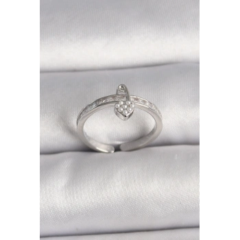 Pirinç Gümüş Renk Zirkon Taşlı İnci Detaylı Kilit Kalp Model Ayarlanabilir Yüzük - TJ-BYK3538