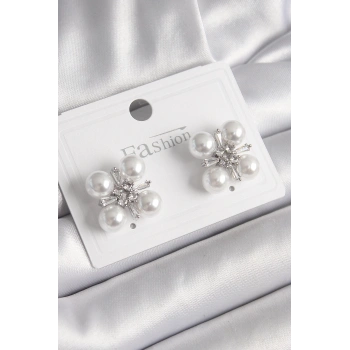 Pirinç Gümüş Renk Zirkon Taşlı İncili Kadın Küpe - TJ-BKP9948