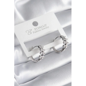 Pirinç Gümüş Renk Zirkon Taşlı Kadın Küpe - TJ-BKP8355