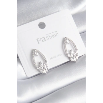 Pirinç Gümüş Renk Zirkon Taşlı Kadın Küpe - TJ-BKP8443