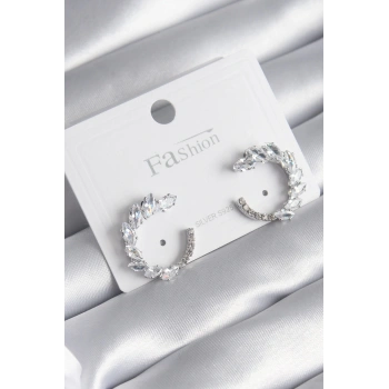 Pirinç Gümüş Renk Zirkon Taşlı Kadın Küpe - TJ-BKP8510