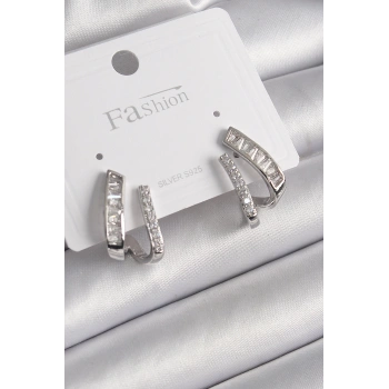 Pirinç Gümüş Renk Zirkon Taşlı Kadın Küpe - TJ-BKP9970