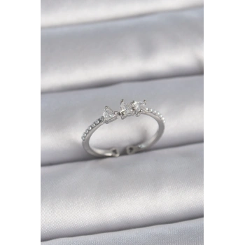 Pirinç Gümüş Renk Zirkon Taşlı Kalp İnci Detay Ayarlanabilir Model Kadın Yüzük - TJ-BYK3363