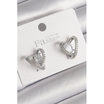 Pirinç Gümüş Renk Zirkon Taşlı Kalp Model Kadın Küpe - TJ-BKP9759