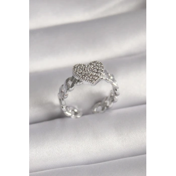 Pirinç Gümüş Renk Zirkon Taşlı Kalp Model Kadın Yüzük - TJ-BYK3093