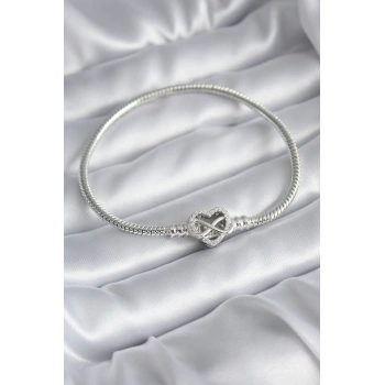 Pirinç Gümüş Renk Zirkon Taşlı Kalp Sonsuzluk Model Charm Kadın Bileklik - TJ-BB5796