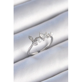 Pirinç Gümüş Renk Zirkon Taşlı Kalp Yaprak Model İnci Detay Kadın Yüzük - TJ-BYK3431