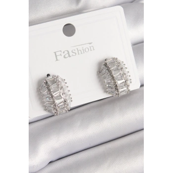 Pirinç Gümüş Renk Zirkon Taşlı Kaplumbağa Kabuğu Model Kadın Küpe - TJ-BKP9787