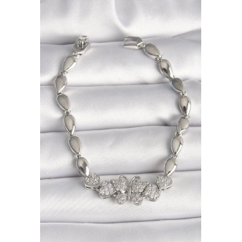 Pirinç Gümüş Renk Zirkon Taşlı Kelebek Figür Damla Zincir Model Kadın Bileklik - TJ-BB6841