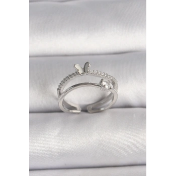 Pirinç Gümüş Renk Zirkon Taşlı Kelebek Figürlü Ayarlanabilir Yüzük - TJ-BYK3528