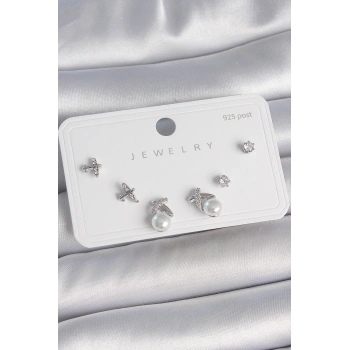 Pirinç Gümüş Renk Zirkon Taşlı Kelebek Model İnci Detay 925 Ayar Gümüş Çivi Kadın Küpe Seti - TJ-BKP10479