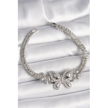 Pirinç Gümüş Renk Zirkon Taşlı Kelebek Model Kadın Bileklik - TJ-BB6815