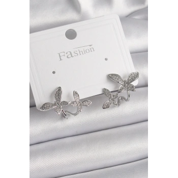 Pirinç Gümüş Renk Zirkon Taşlı Kelebek Model Kadın Küpe - TJ-BKP9839