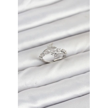 Pirinç Gümüş Renk Zirkon Taşlı Kelebek Model Kadın Yüzük - TJ-BYK3851