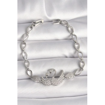 Pirinç Gümüş Renk Zirkon Taşlı Kuğu Figür Damla Zincir Model Kadın Bileklik - TJ-BB6850