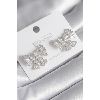 Pirinç Gümüş Renk Zirkon Taşlı Kurdele Model Kadın Küp - TJ-BKP8600