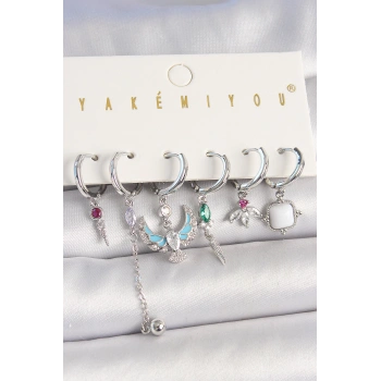 Pirinç Gümüş Renk Zirkon Taşlı Kuş Figür Çiçek Detay 6Lı Kadın Kombin Küpe - TJ-BKP10454