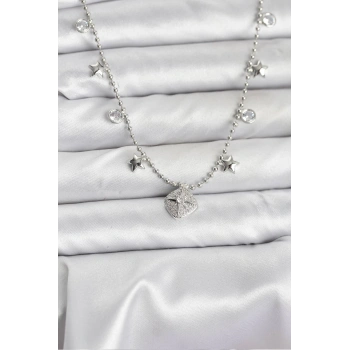 Pirinç Gümüş Renk Zirkon Taşlı Kutup Yıldızı Model Kadın Kolye - TJ-BKO10657