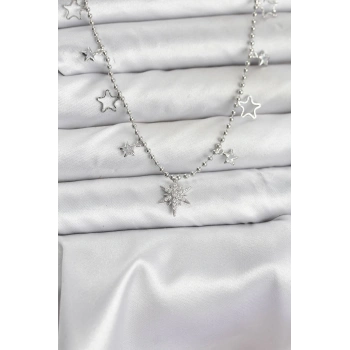 Pirinç Gümüş Renk Zirkon Taşlı Kutup Yıldızı Model Kadın Kolye - TJ-BKO10659