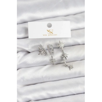 Pirinç Gümüş Renk Zirkon Taşlı Kutup Yıldızı Model YSX Trio Küpe Seti - TJ-BKP11565