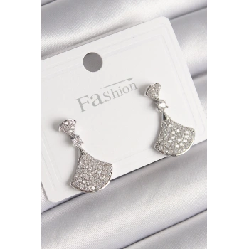 Pirinç Gümüş Renk Zirkon Taşlı Motif Model Kadın Küpe - TJ-BKP9777