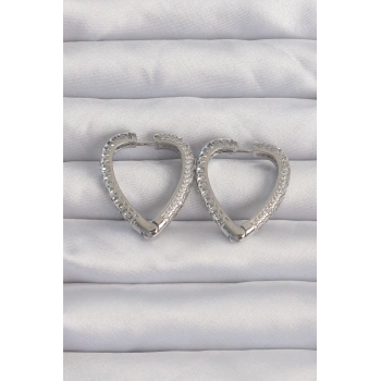 Pirinç Gümüş Renk Zirkon Taşlı Motifli Kalp Küpe - TJ-BKP9284