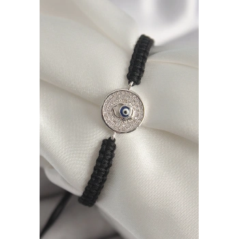 Pirinç Gümüş Renk Zirkon Taşlı Nazar Boncuk İşleme Makrome Asansörlü Model Kadın Bileklik - TJ-BB6787