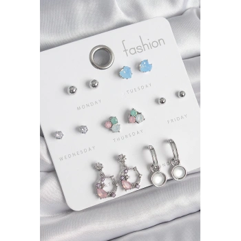 Pirinç Gümüş Renk Zirkon Taşlı Sallantı Halka Model Çiçek Detay 7 Çift Kadın Küpe Seti - TJ-BKP10545