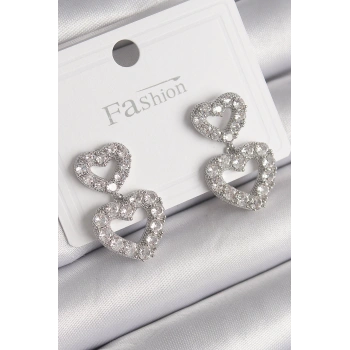 Pirinç Gümüş Renk Zirkon Taşlı Sallantı Kalp Model Kadın Küpe - TJ-BKP9765