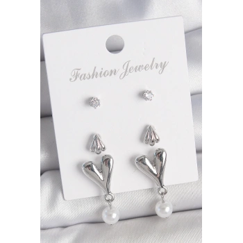 Pirinç Gümüş Renk Zirkon Taşlı Sallantılı Kalp Model 3 Çift Kadın Küpe Seti - TJ-BKP10590