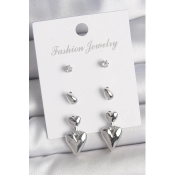 Pirinç Gümüş Renk Zirkon Taşlı Sallantılı Kalp Model 3 Çift Kadın Küpe Seti - TJ-BKP10592