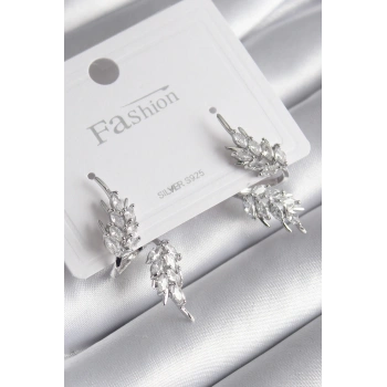 Pirinç Gümüş Renk Zirkon Taşlı Yaprak Model Kadın Küpe - TJ-BKP8608