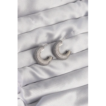 Pirinç Gümüş Renk Zirkon Taşlı Yarım Halka Küpe - TJ-BKP9114