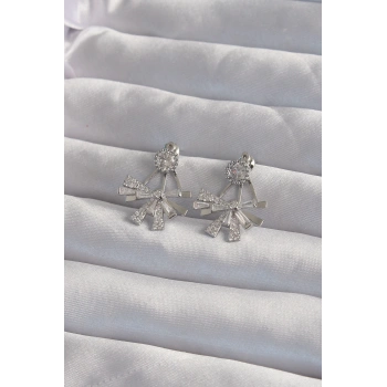 Pirinç Gümüş Renk Zirkon Taşlı Yassı Fiyonk Model Küpe - TJ-BKP9300