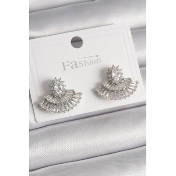 Pirinç Gümüş Renk Zirkon Taşlı Yelpaze Model Kadın Küpe - TJ-BKP9916