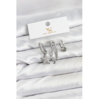 Pirinç Gümüş Renk Zirkon Taşlı Yıldız Vintage Model YSX Trio Küpe Seti - TJ-BKP11563