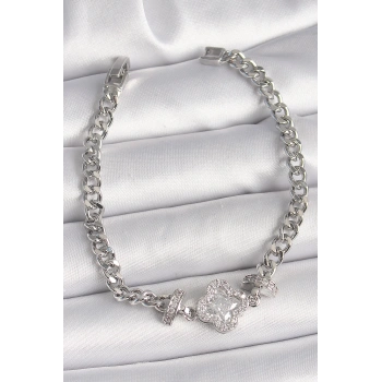 Pirinç Gümüş Renk Zirkon Taşlı Yonca Figür Zincir Model Kadın Bileklik - TJ-BB6819