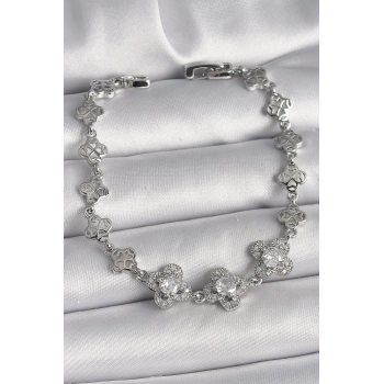 Pirinç Gümüş Renk Zirkon Taşlı Yonca Model Kadın Bileklik - TJ-BB6813