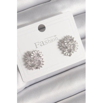 Pirinç Gümüş Renk Zirkon Taşlı Yonca Model Kadın Küpe - TJ-BKP9791