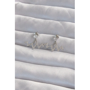 Pirinç Gümüş Renk Zirkon Taşlı Zikzak Küpe - TJ-BKP9302