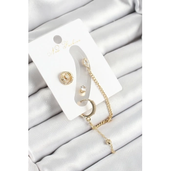 Pirinç Halka Figürlü Zirkon Taşlı Gold Renk 3lü Kıkırdak Kadın Küpe Set - TJ-BKP10671